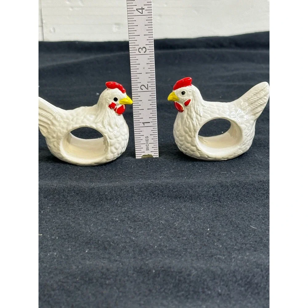 Vintage Ceramic Chicken Napkin Rings Pair White Farmhouse Hen Country Decor